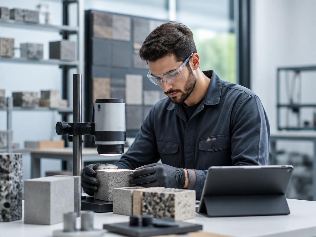Craftsman using modern technology to inspect building materials, representing research