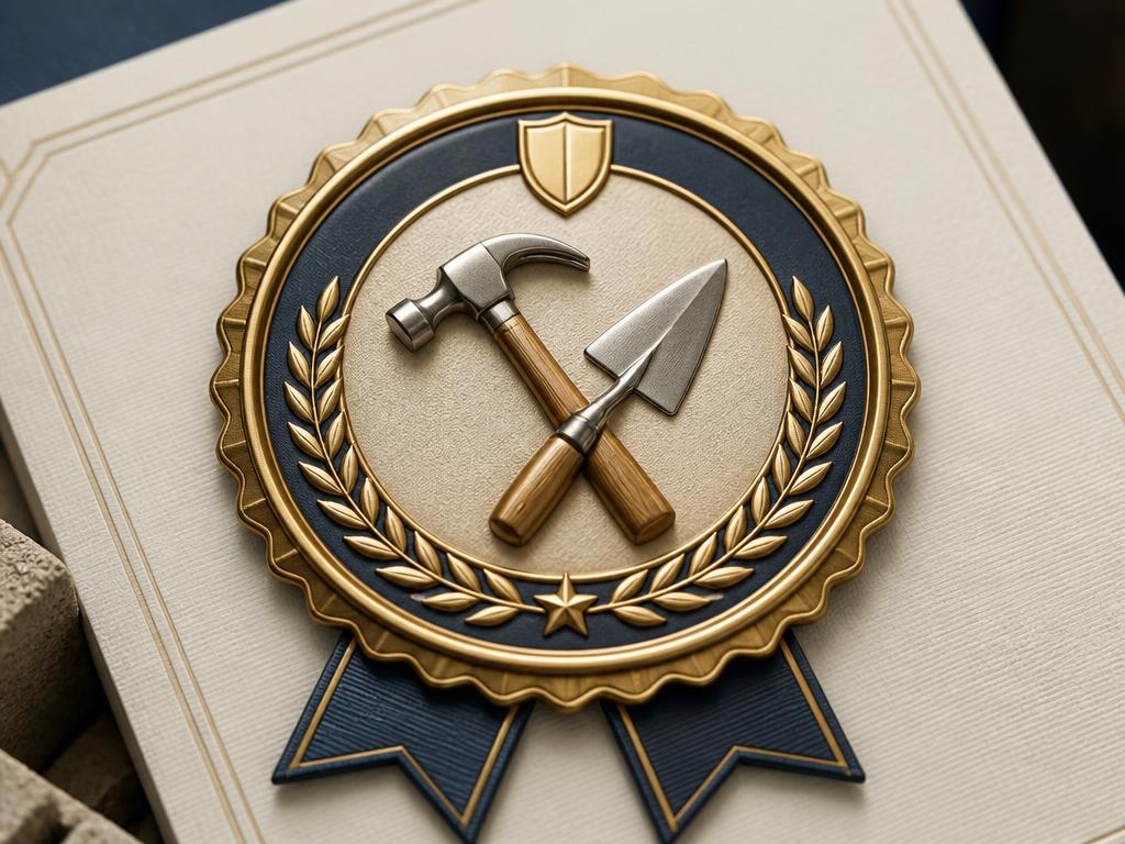 Quality badge with hammer and trowel representing membership qualifications