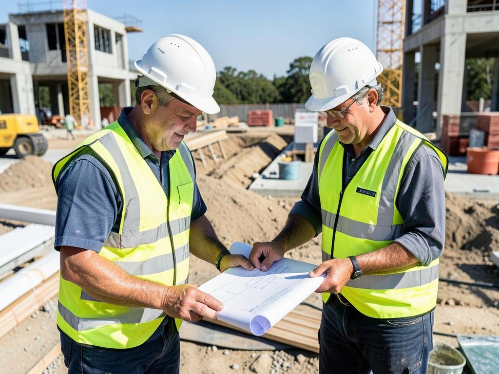 Engineers on site reviewing blueprints