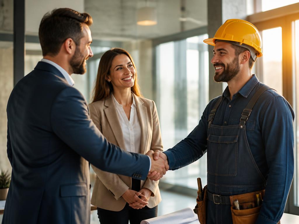 Business professionals and craftsman shaking hands, representing sponsorship and partnership