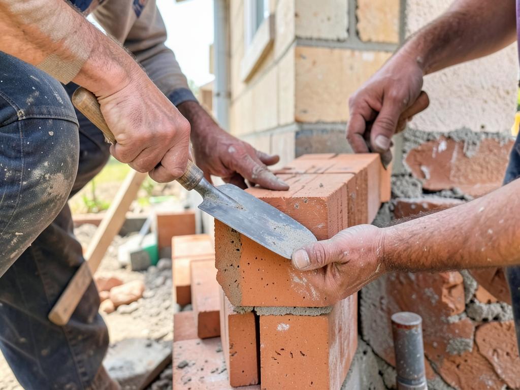 Bricklayer laying bricks on site